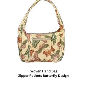 Tapestry Woven Handbag Double Sided Zipper Pockets Butterfly Design OS
